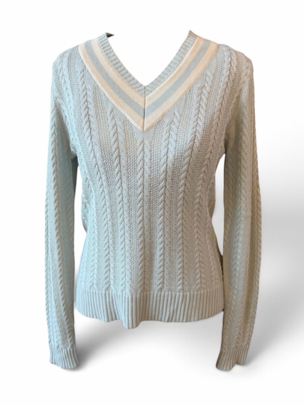 Vintage Ralph Lauren 100% Silk Cricket Sweater cable knit pullover V-neck blue S